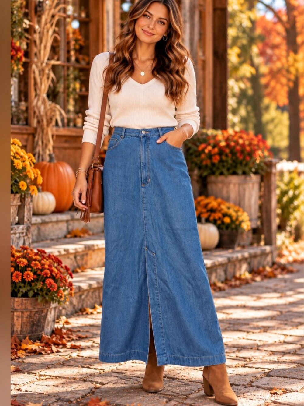 Democracy Maxi Denim Skirt Front Slit Blue Modest Cottagecore Western Fall